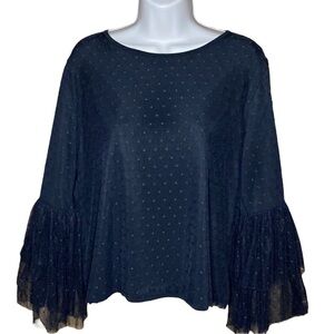 Pebble & Stone | Black Sheer Net Overlay Blouse Polka Dot Fluted Bell Sleeves M